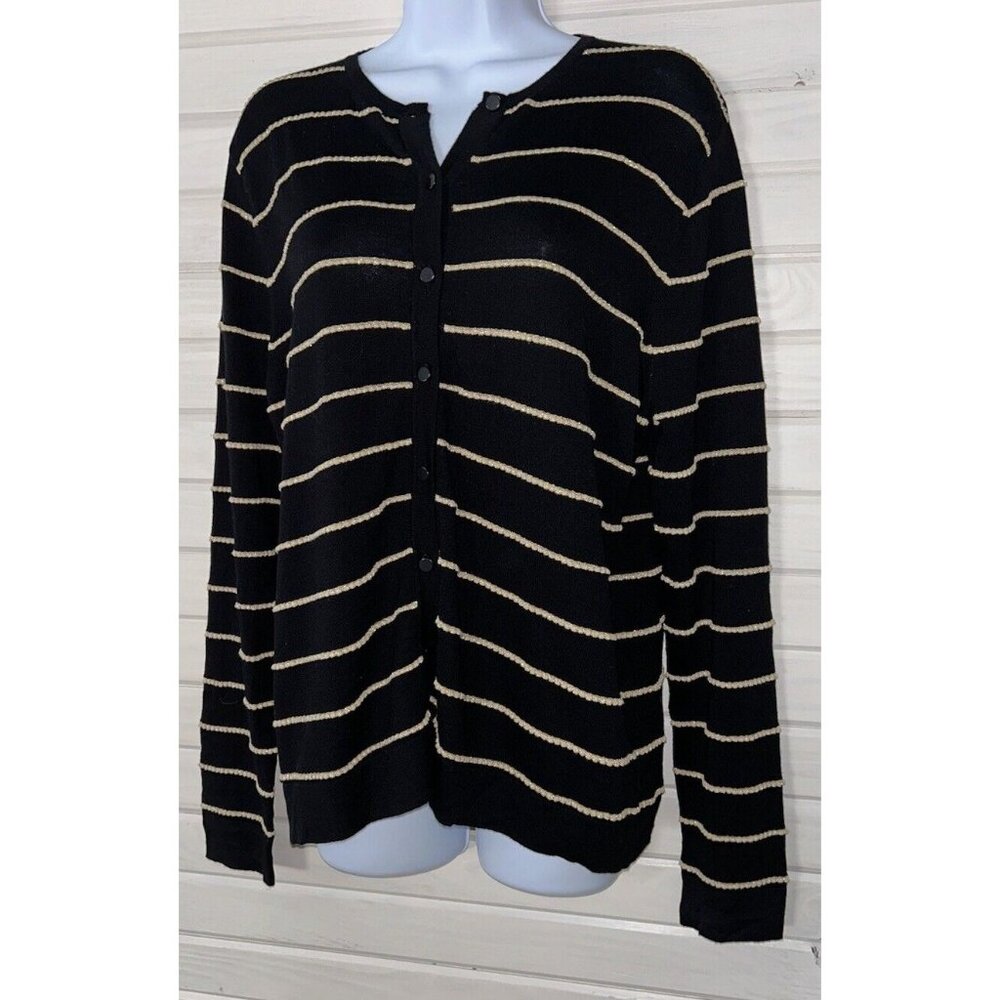 NWT August Silk Heritage Sz XL Black Gold Stripes Textured Button Up Cardigan - Picture 1 of 10